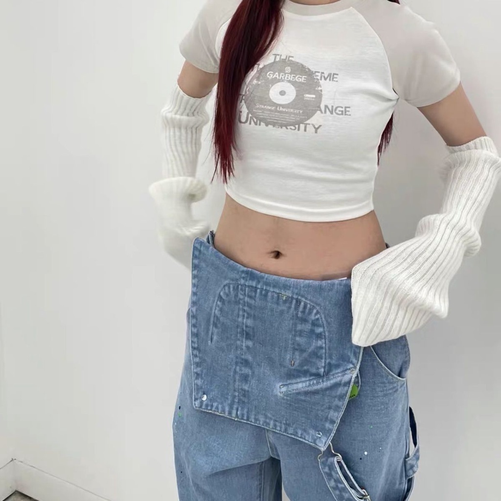 Áo Thun Raglan Nữ Tay Ngắn In Chữ Garbege / 22ss