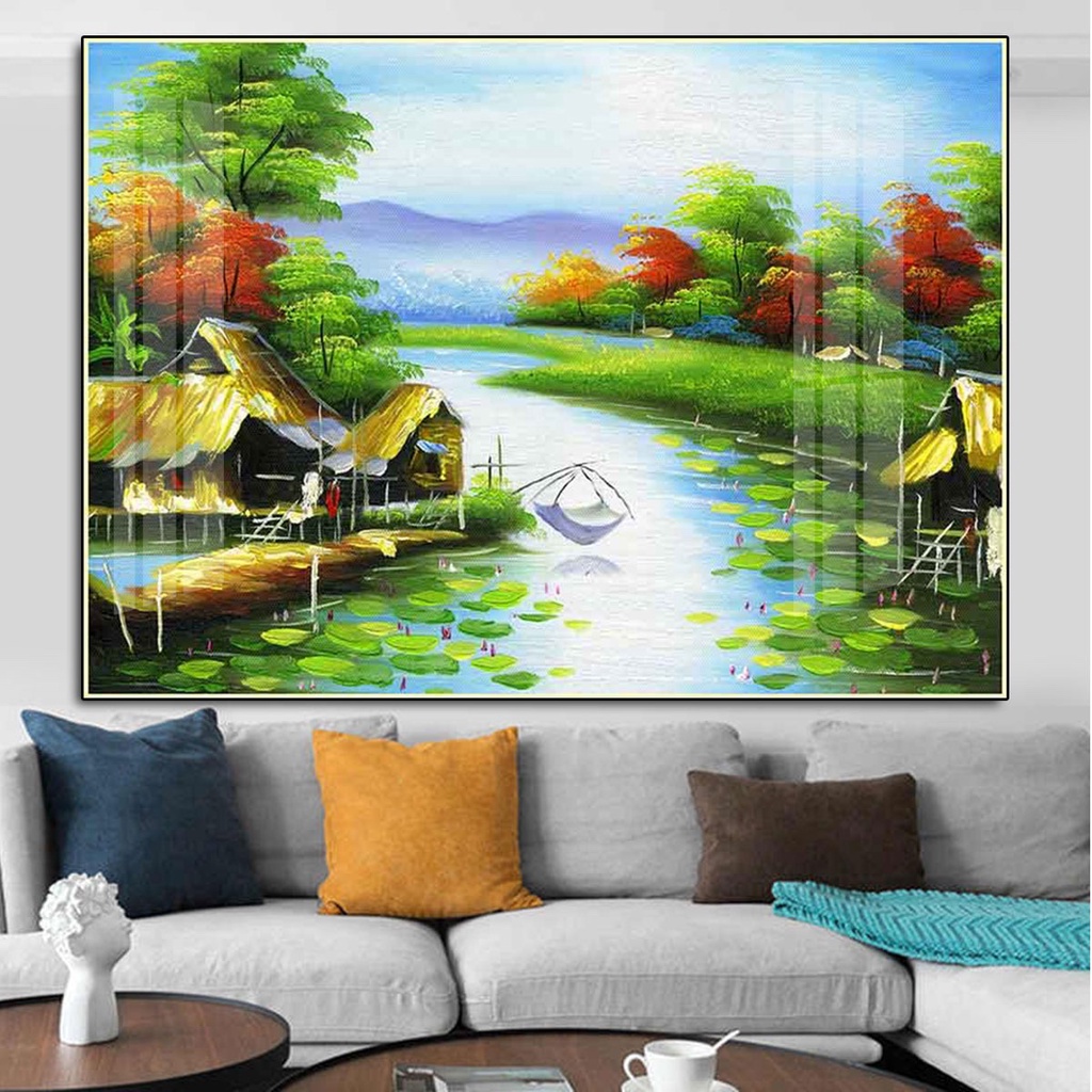 Tranh Treo Tường Đồng Quê Cây Đa Giếng Nước Sân Đình/ Tranh Treo Tường Phòng Khách Trang Trí Nhà Cửa/ Tranh Tráng Gương