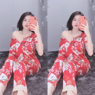 Đồ bộ pijama🍓Bộ lụa satin hoa maison chanh xả🍓Freeship
