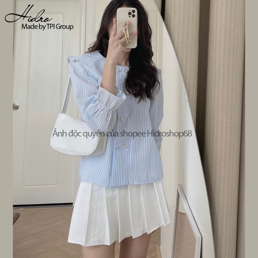 Áo sơ mi nữ đũi xốp viền bèo cúc ngọc - Áo sơ mi thiết kế