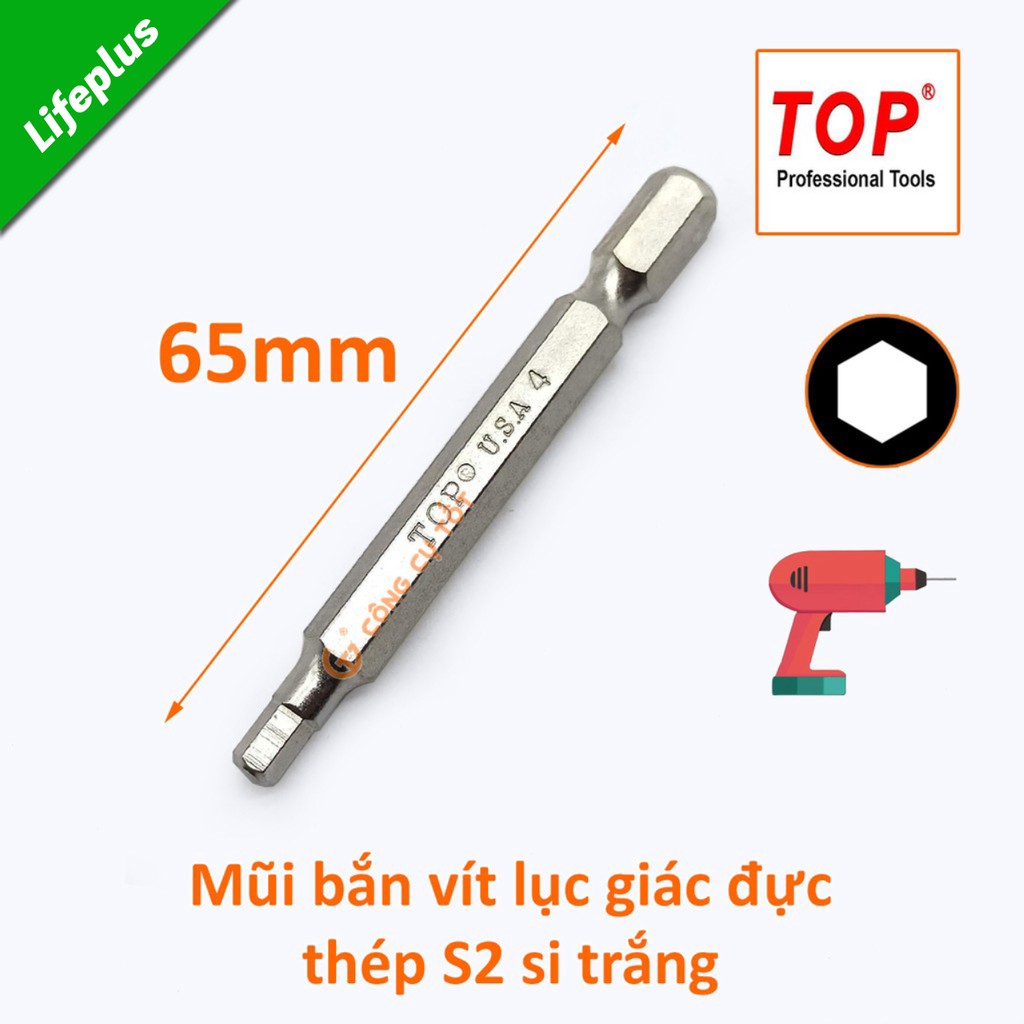 Đầu bắt vít lục giác đực dài 65 mm chuôi lục TOP USA