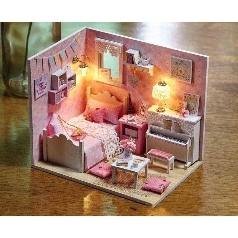 Mô hình nhà gỗ lắp ghép DIY Roombox phòng ngủ màu hồng Tặng kèm mica chống bụi và keo dán / Mã: H015