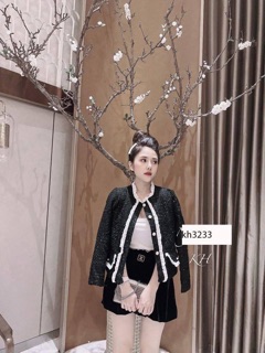 Áo dạ tweed đen phối viền trắng
