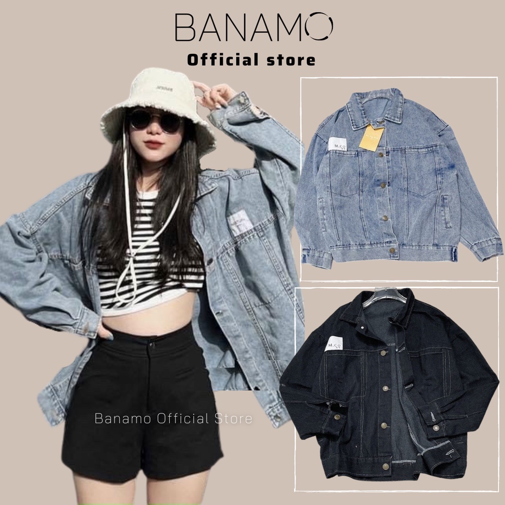 Áo khoác jean nữ dáng rộng 2 màu đen xanh thời trang Banamo Fashion Áo khoác bò thụng 362