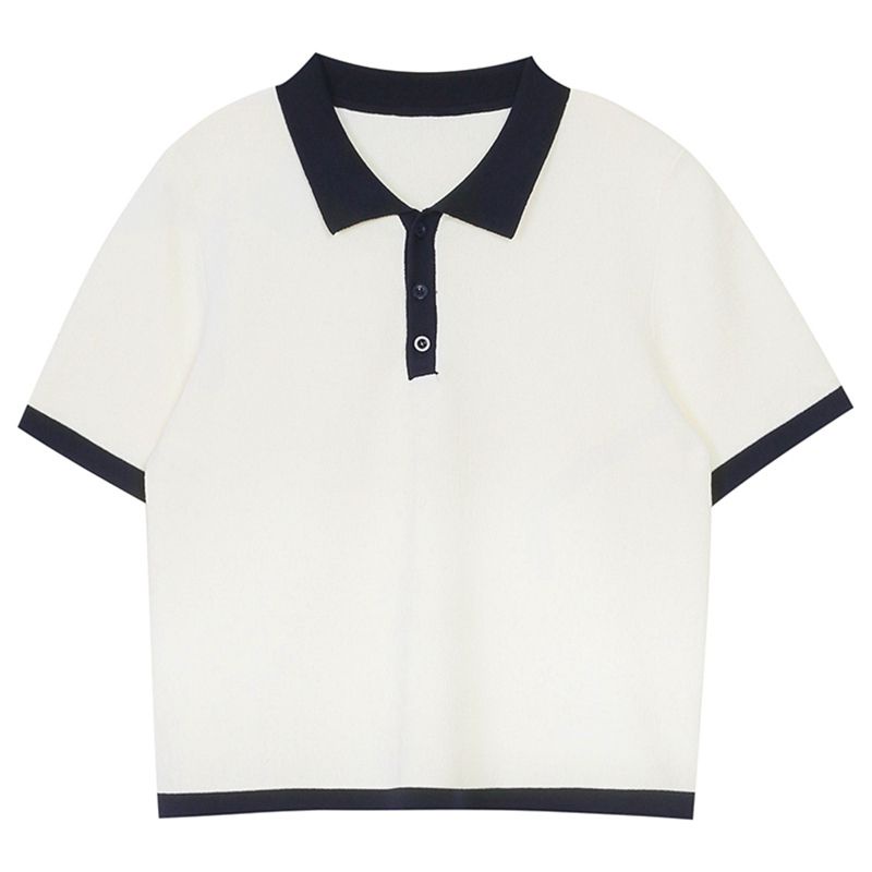 Áo dệt len Xia Bingsi cổ polo dáng ngắn viền đen | BigBuy360 - bigbuy360.vn