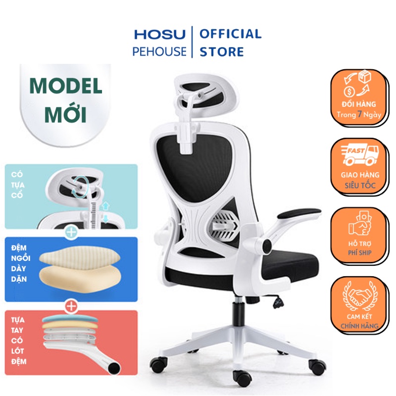 Ghế văn phòng PeHouse ghế công thái học ngả lưng 35 độ, vải lưới thoáng khí, có tựa đầu và cổ chịu tải trọng 200kg