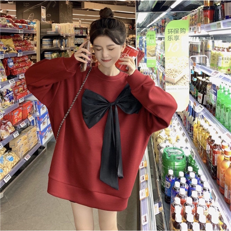 Áo nỉ phối nơ dày dặn dễ thương ulzzang Hàn Quốc
