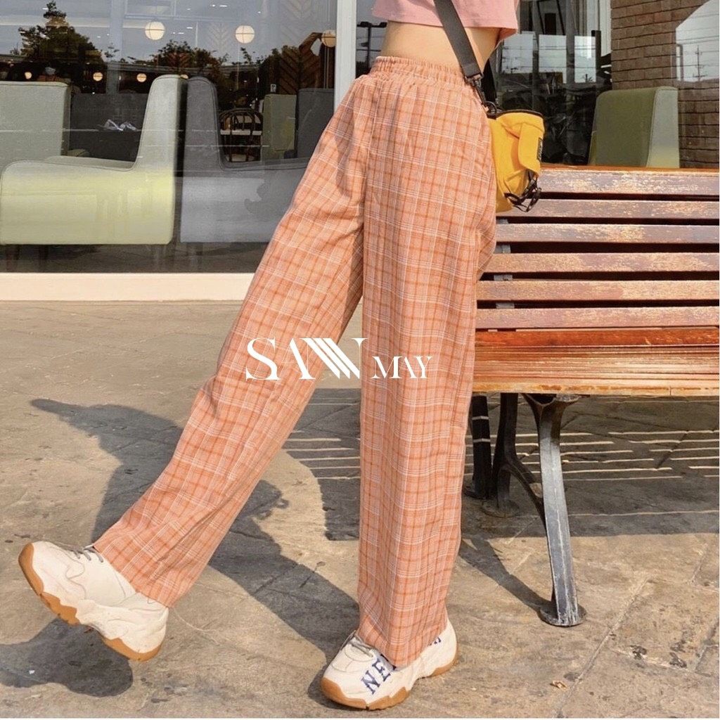 Quần Kẻ Sọc Caro Kẻ Nữ Ống Rộng Lưng Cao Quần Baggy Unisex Dáng Suông Form Dài Cạp Chun Đi Học Đẹp SANMAY QD003 | BigBuy360 - bigbuy360.vn