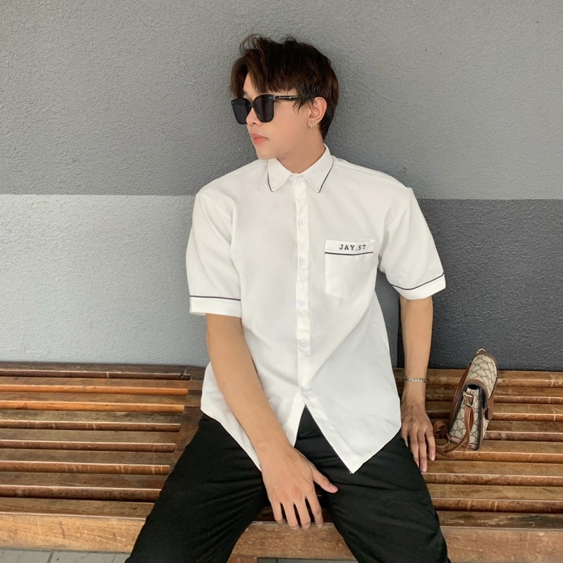 Áo sơmi tay lỡ unisex JAYST màu Đen/Trắng/Mint logo thêu  Nam nữ unisex  Áo Sơ Mi form rộng style Ulzzang