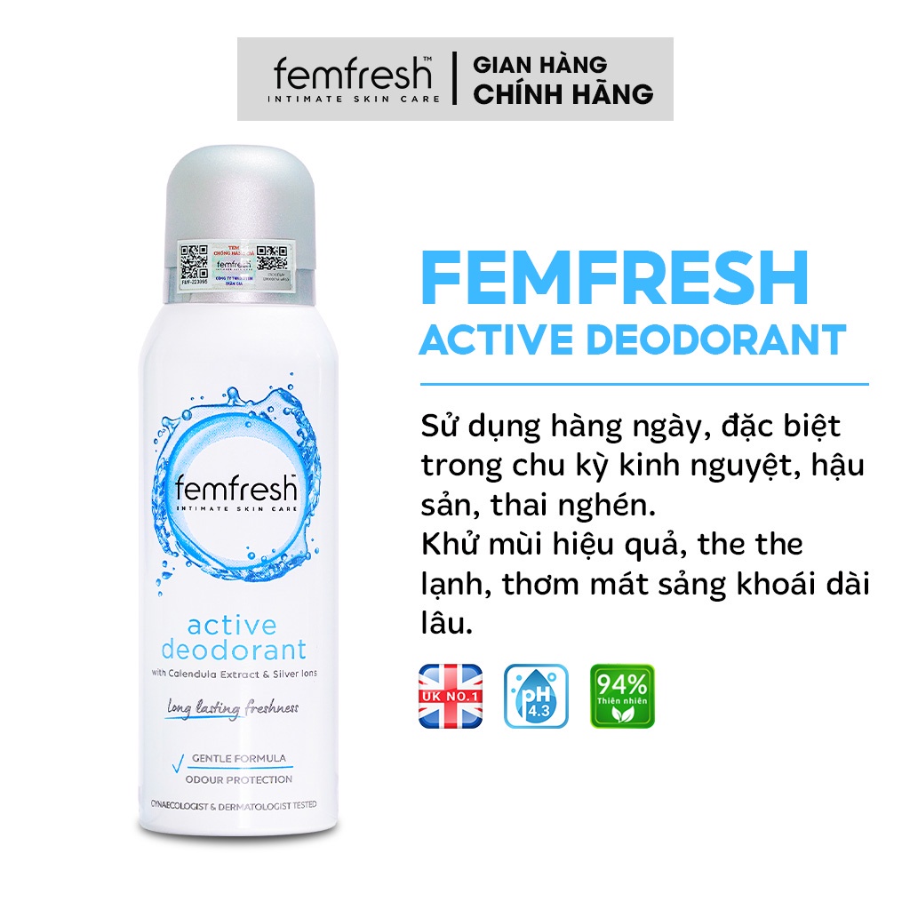 Xịt Thơm Vùng Kín Femfresh Deodorant Spray Khử Mùi Thơm Mát Chứa I-on Bạc Lưu Hương Tới 12h 125ml