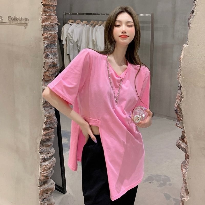 Áo Thun Tay Ngắn Dáng Rộng Màu Sắc Trơn Thiết Kế Xẻ Tà Độc Đáo