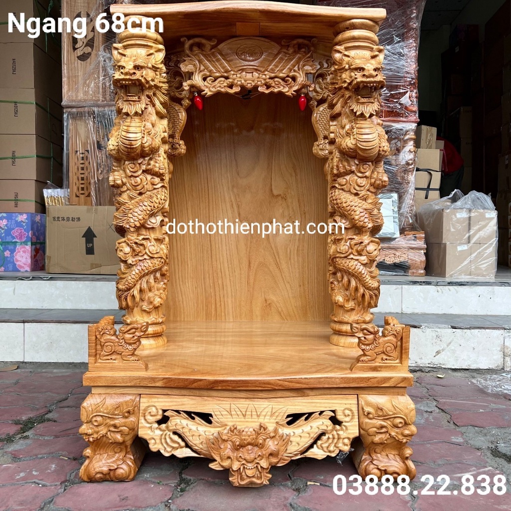 Bàn thờ thần tài ông địa gỗ gõ đỏ ngang 68cm rồng mây VIP