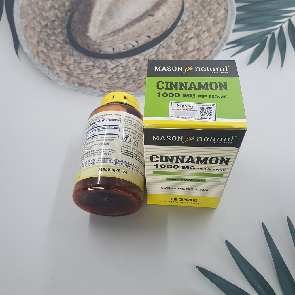 Viên uống hỗ trợ chuyển hóa đường Mason Natural Cinnamon 1000mg giúp ổn định đường huyết và giảm cholesterol hiệu quả