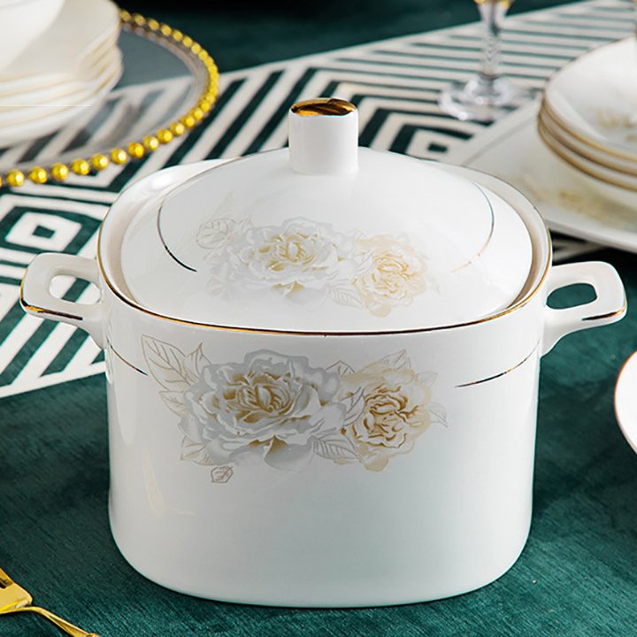 Bộ Bát Đĩa Sứ Xương Trắng Viền Vàng Hoa Hồng 57 Món BD13