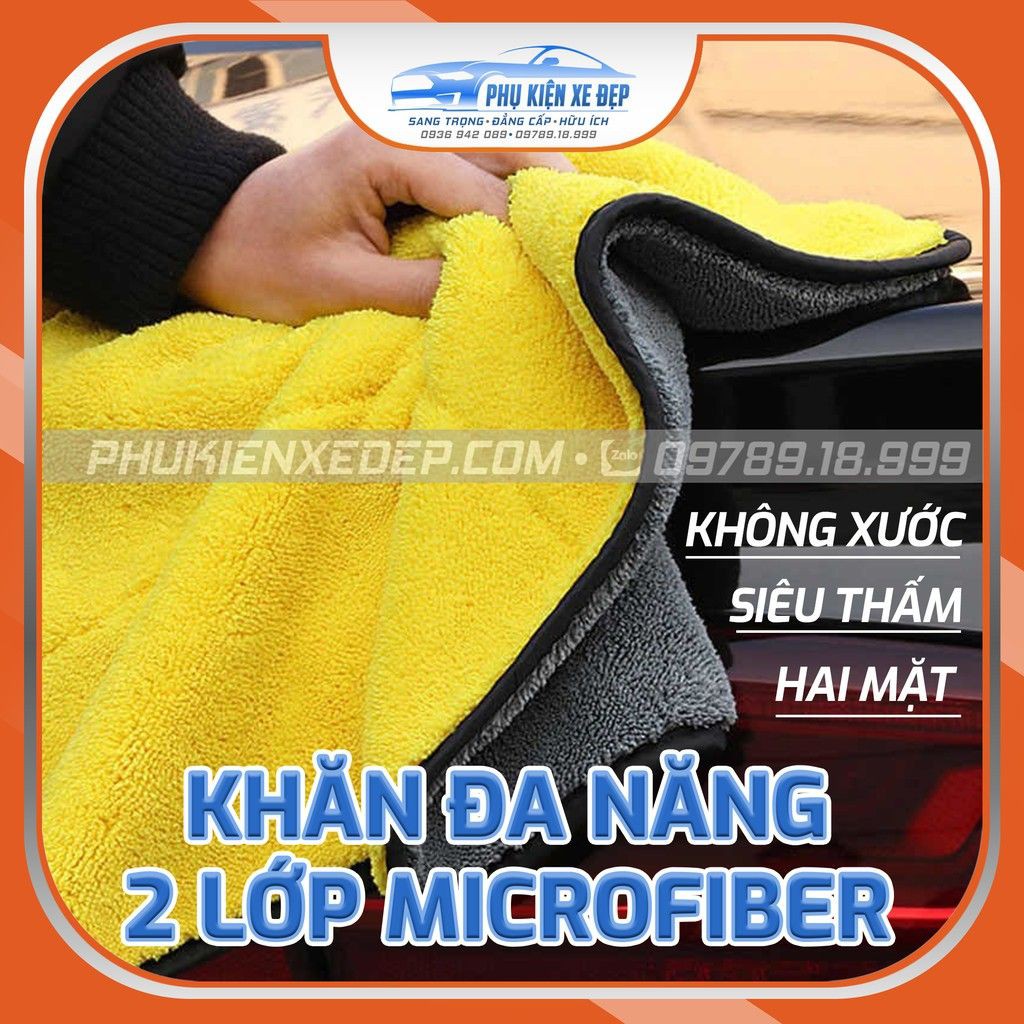 Khăn đa năng 2 lớp Microfiber lau xe hơi kích thước 30x30cm, 30x60cm, lau kính 2 lớp dày, mịn không rụng sợi