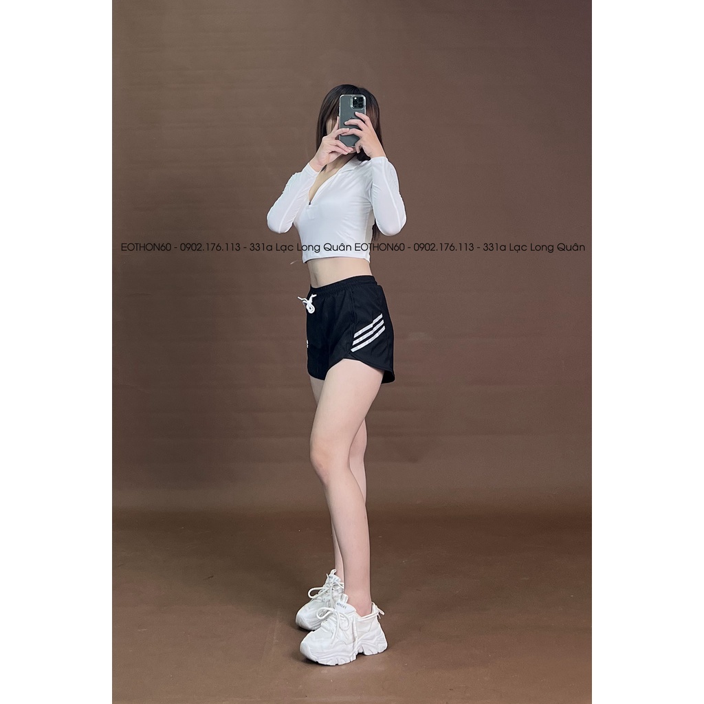 Áo crop das dây kéo tay dài ,quần short 3 sọc ngang [hình thật shop chụp] Eothon60