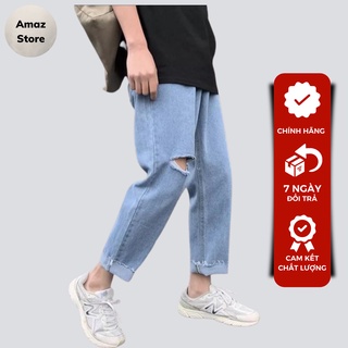 Quần Jean Baggy nam , quần bò ống rộng xanh sky rách gấu+ rách gối style hàn quốc 2021