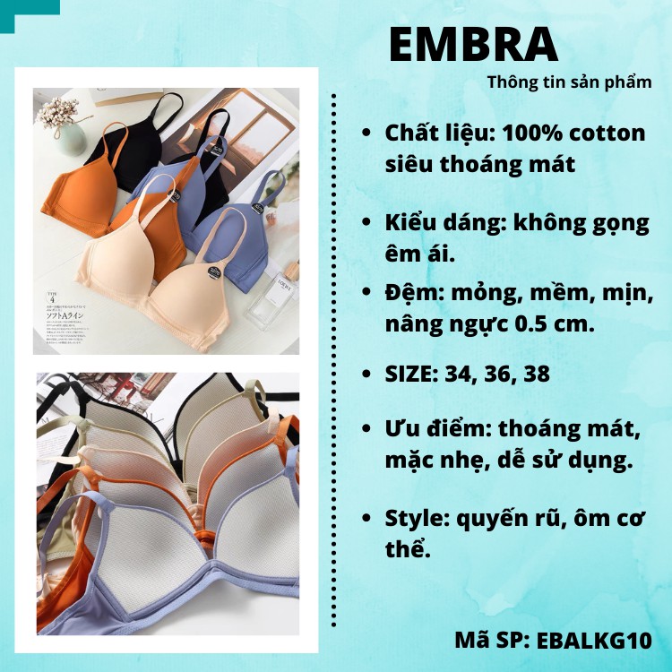 Áo lót nữ không gọng cotton cao cấp đệm mỏng nâng ngực 1cm kiểu dáng đường viền sexy mã EBALKG10