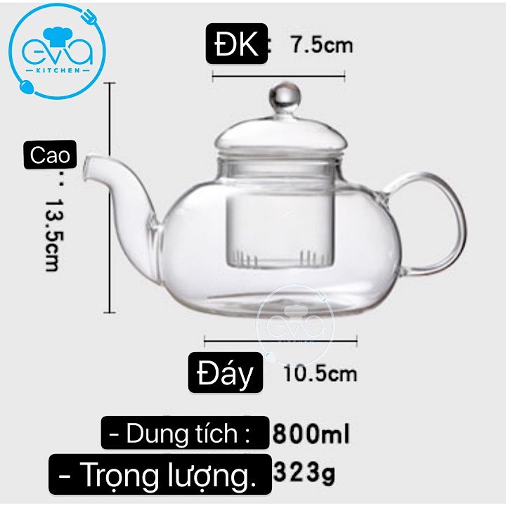 Bình Trà Thuỷ Tinh Chịu Nhiệt Kèm Lõi Lọc Thủy Tinh 800 Ml