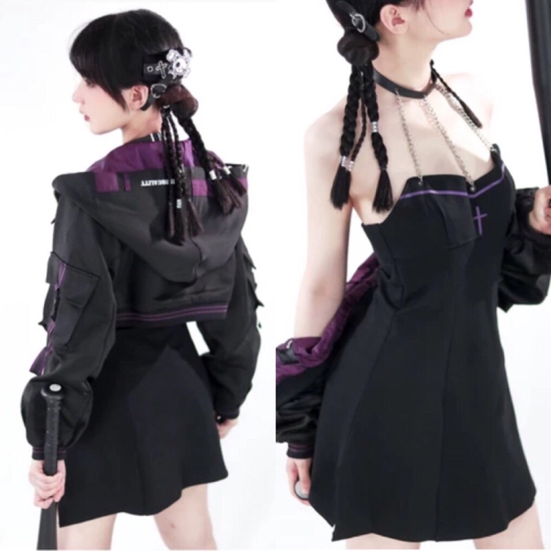 YAS0816-Set áo khoác váy den tím cá tính