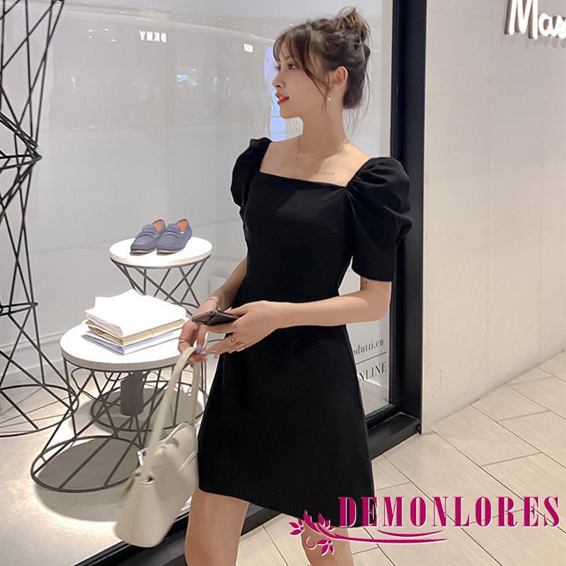 Đầm đen một mảnh cổ vuông tay phồng màu trơn thời trang mùa hè cho nữ