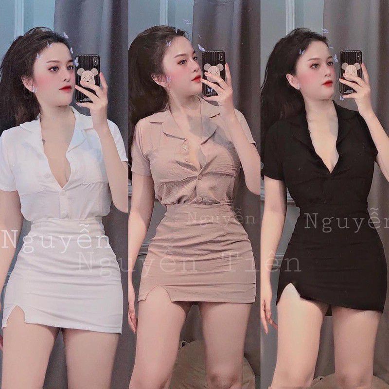 Sét áo cổ bẻ + chân váy có quần trong kiểu vest chất vải đũi hàng y hình (free size từ 42-53kg)