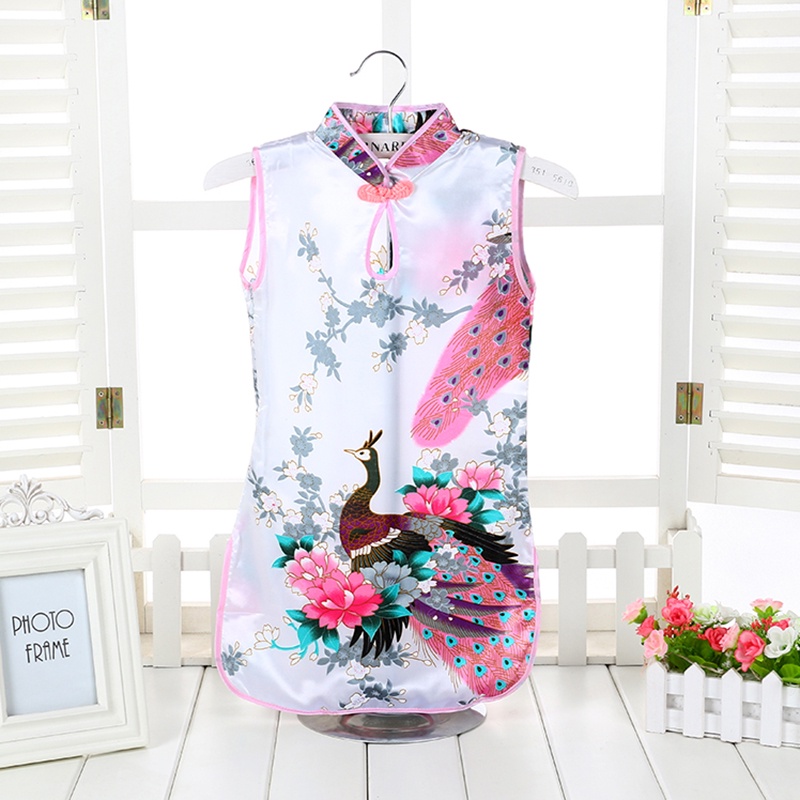 Đầm Sườn Xám Không Tay In Hình Chim Công Thời Trang Dành Cho Bé Gái