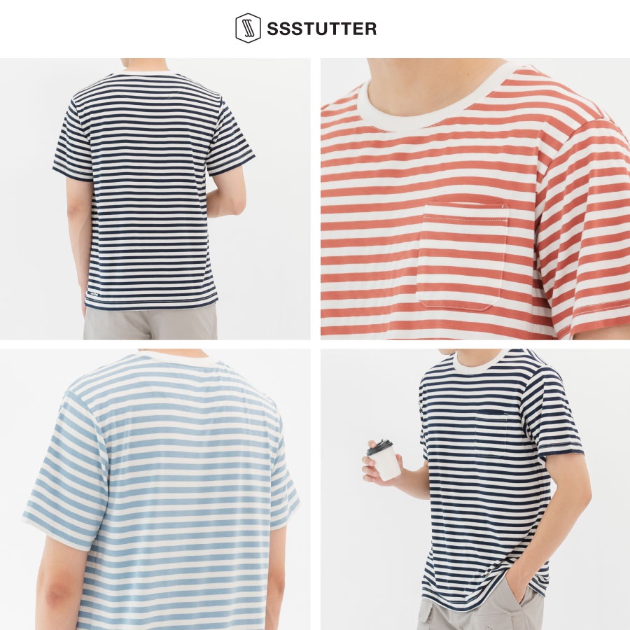 Áo phông Unisex có túi ngực họa tiết kẻ sọc ngang SSStutter vải Cotton thấm hút mồ hôi 3 màu Moment Tee | BigBuy360 - bigbuy360.vn