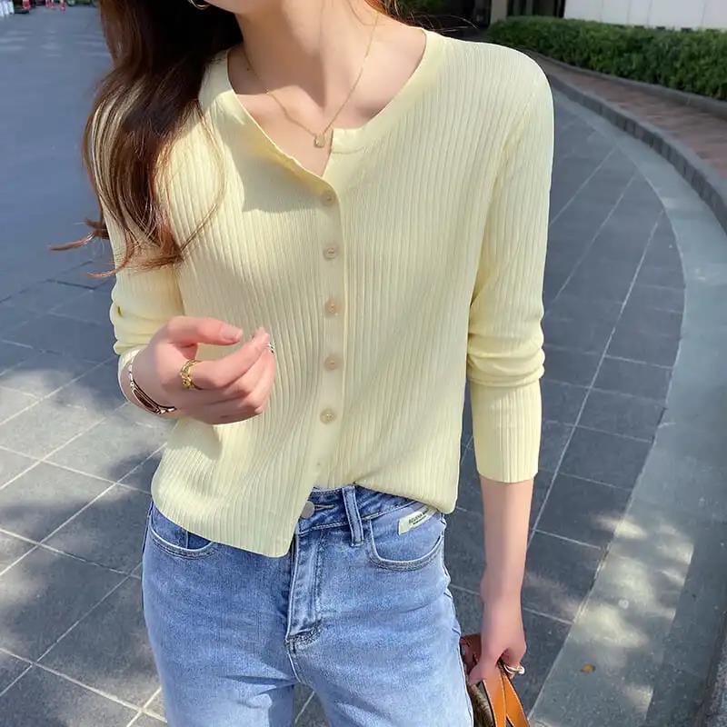 Áo Khoác Cardigan Dệt Kim Tay Dài Cổ Chữ V Phong Cách Hàn Quốc Thời Trang Cho Nữ
