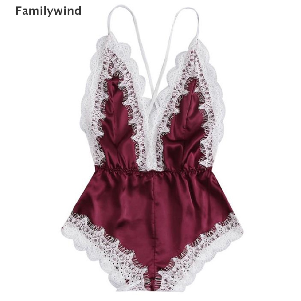 Bộ đồ ngủ liền thân cổ chữ v bằng satin phối ren hở lưng quyến rũ dành cho nữ