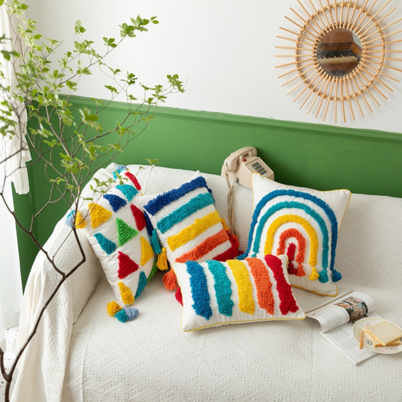 Vỏ Gối 45x45cm Họa Tiết Kẻ Sọc Màu Cầu Vồng Phong Cách Boho