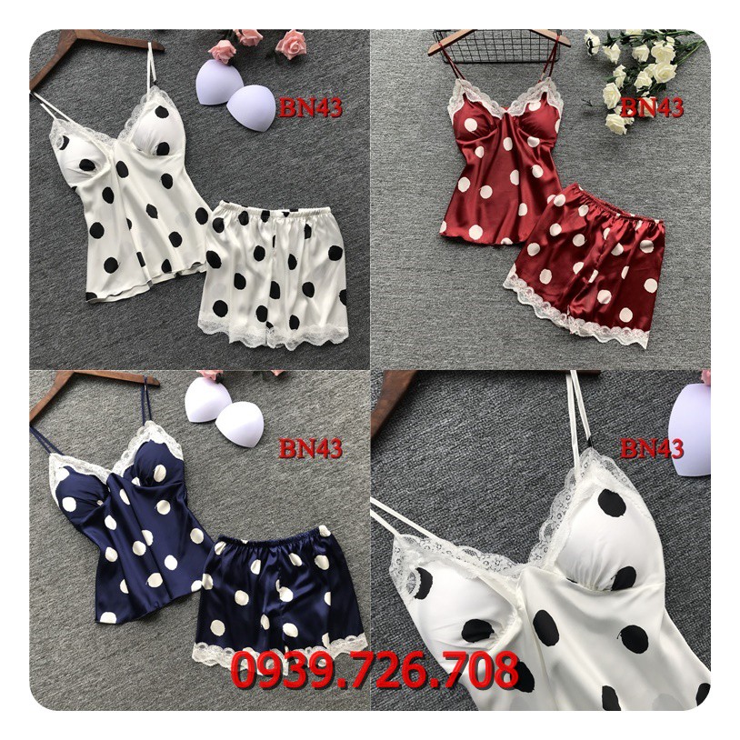 Bộ đồ ngủ nữ quần đùi áo 2 dây chất phi lụa chấm bi màu đỏ