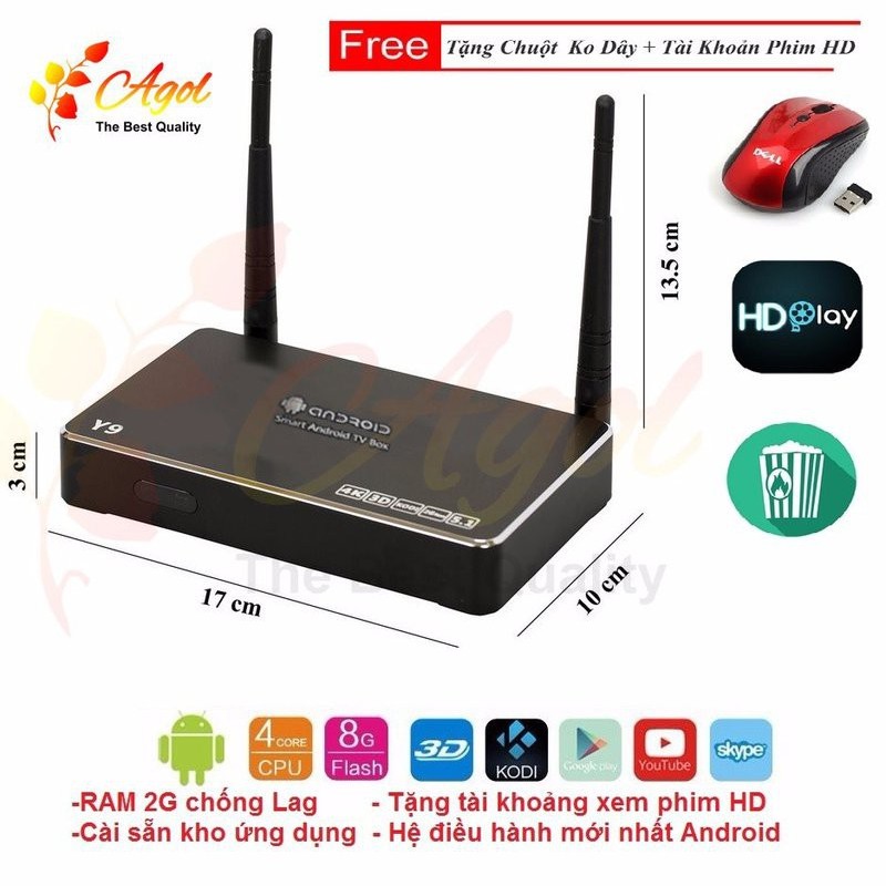 Tivi box Android Y9 Đen bóng RAM 2G hệ điều hành mới tặng chuột wifi