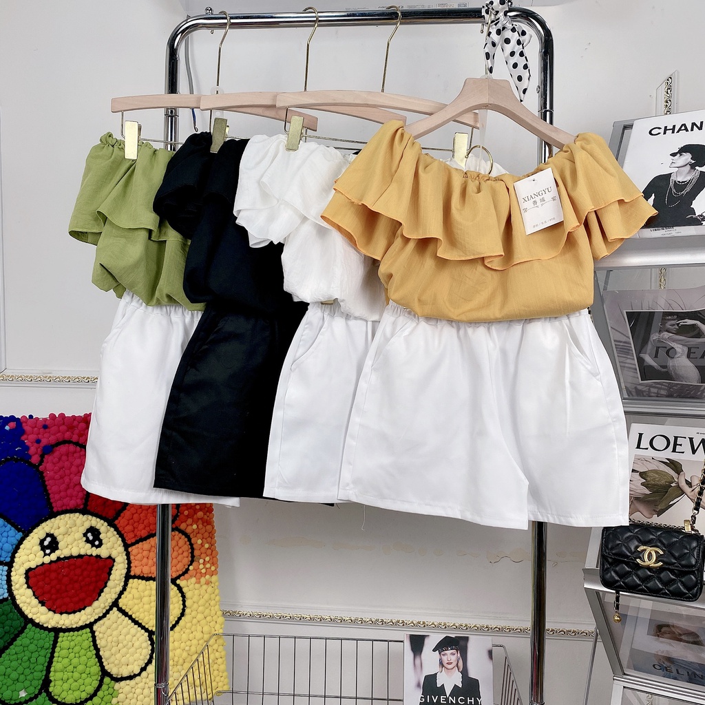 Set áo trễ vai cánh tiên dáng croptop quần short ngắn đi biển BN364
