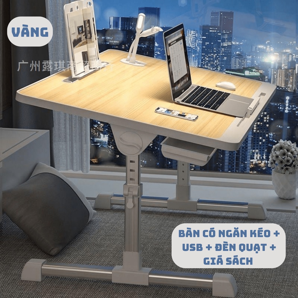 Bàn Học Thông Minh Gấp Gọn Đa Năng Có Khe Cắm Ipad Và Ngăn Kéo - Bàn làm việc kèm Đèn quạt, cổng sạc USB tiện ích