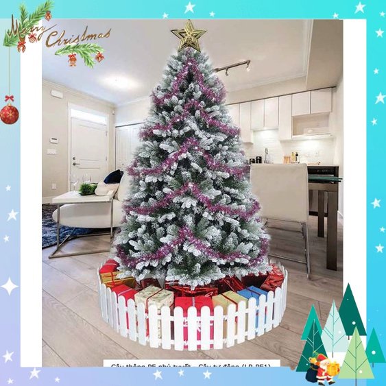 Cây thông noel phủ tuyết 2m4, cây thông noel tán lá PE dày xòe cành tự động trang trí giáng sinh trong nhà ngoài trời