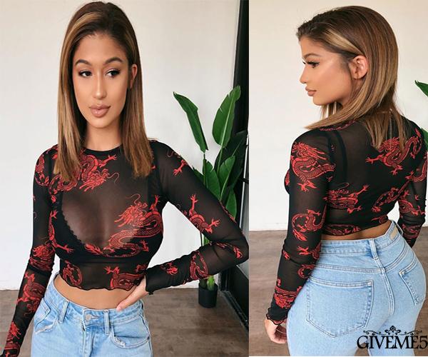 Áo Crop Top Xuyên Thấu Tay Dài In Hình Rồng Gợi Cảm Cho Nữ