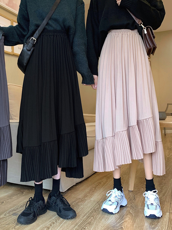 Chân váy midi nữ dáng dài retro 2021, Chân váy uzzlang hàn quốc xếp li đuôi cá,vạt lệch màu đen hồng kem du lich công sở