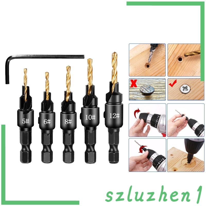 [Hi-tech]  5 Pcs HSS Steel Countersink Drill Bits with Wrench for Woodworking