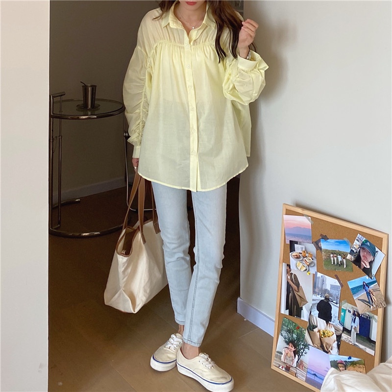 Áo sơ mi cổ polo tay dài xếp ly phong cách Hàn Quốc trẻ trung 45265