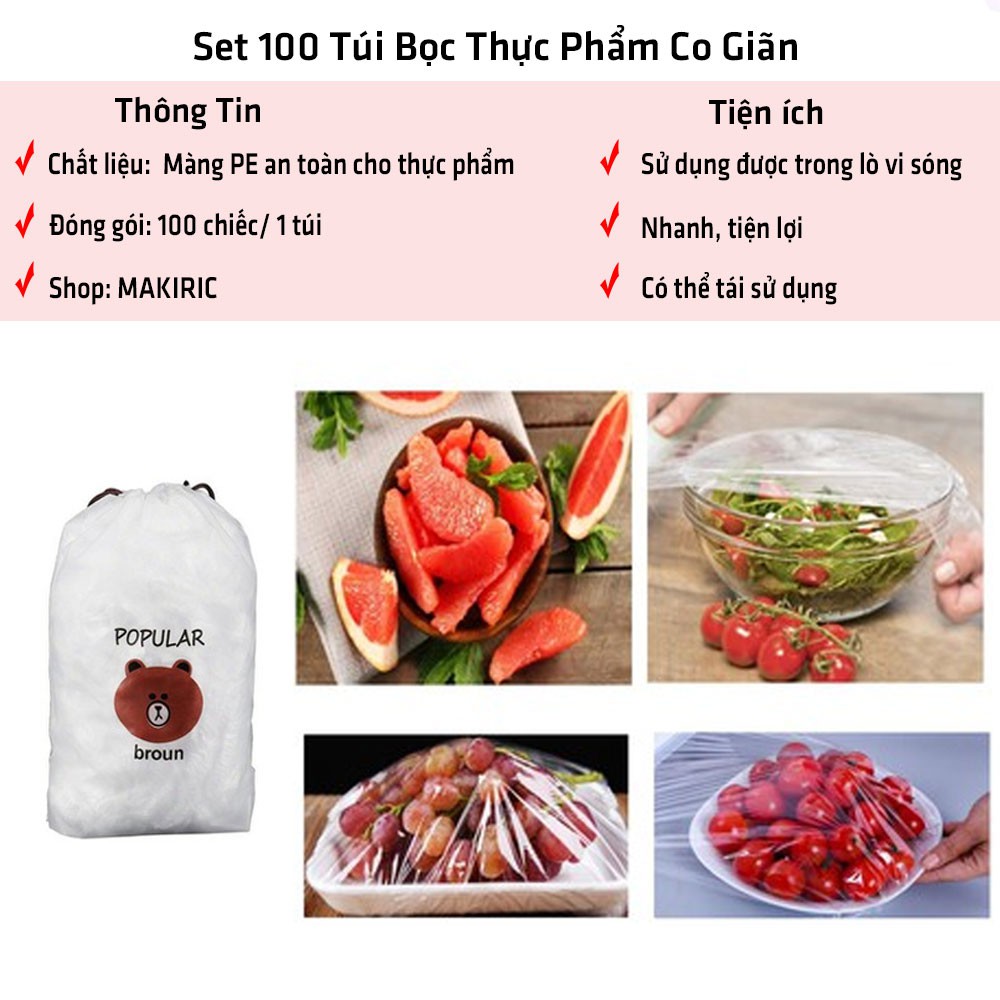 Set 100 màng bọc thực phẩm túi gấu, Màng bọc thực phẩm PE có chun bọc đồ ăn co giãn tái sử dụng GD319