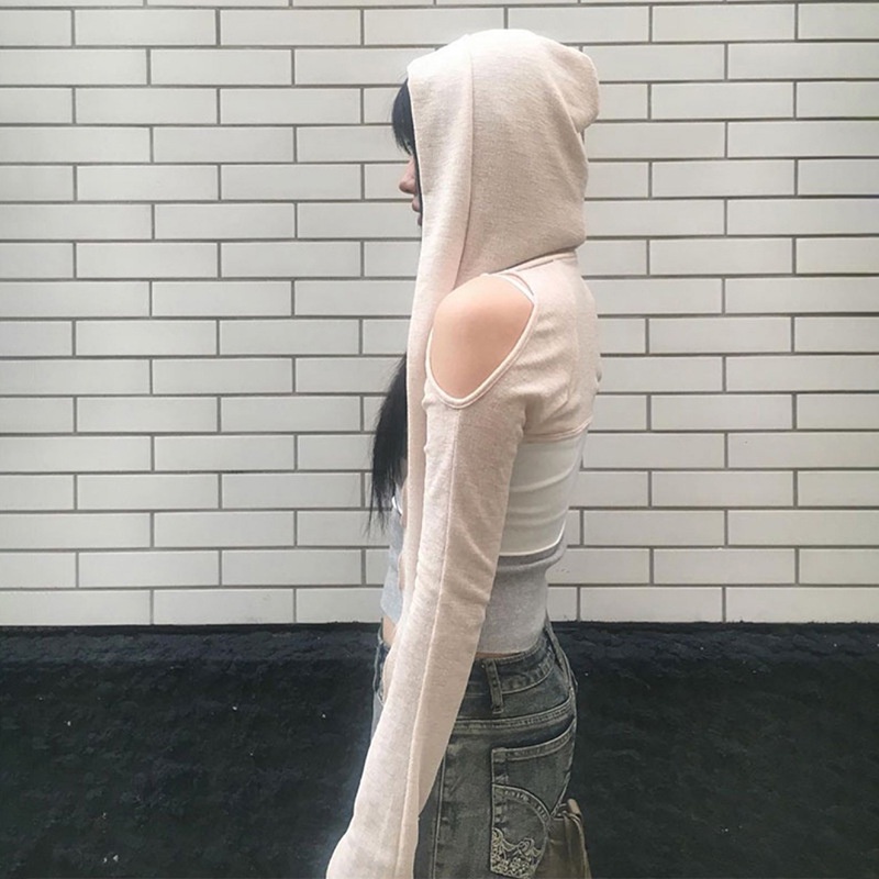Weania Áo Hoodie Crop Top Tay Dài Lạnh Vai Cơ Bản