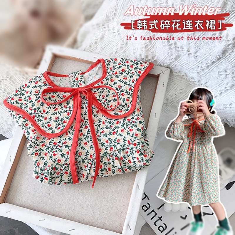 Đầm tay dài in hoa chất liệu polyester thoáng khí phong cách Hàn Quốc cho bé gái