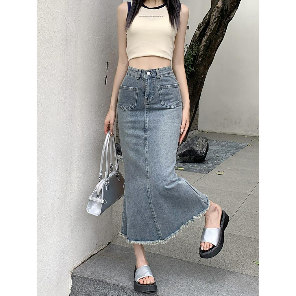 Lalisas Chân váy jean Đuôi Cá Dài Lưng Cao Phối Túi Phong Cách retro Cho Nữ
