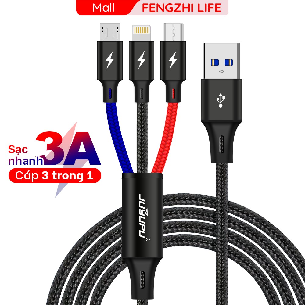 Dây sạc 3 đầu FENGZHI X116 bộc dù 3A cáp sạc chính hãng cho iPhone Samsung Oppo Vivo Huawei Xiaomi