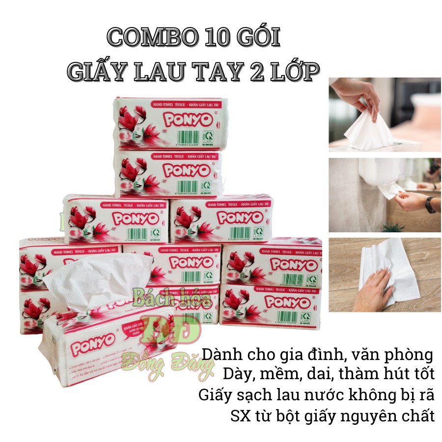 Combo (10 gói) khăn giấy lau tay 2 lớp PONYO (100 tờ/gói), giấy lau tay dạng rút