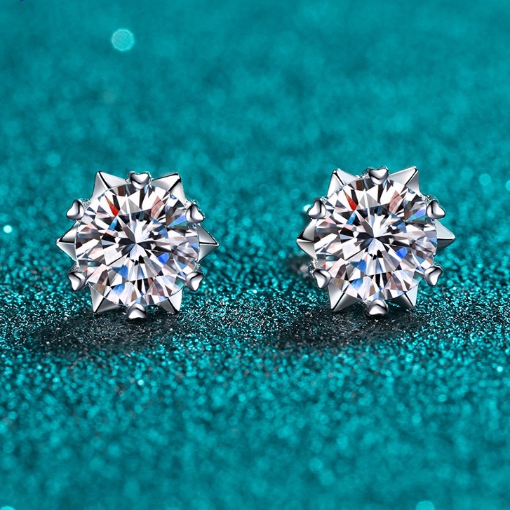 X-166 hoa tai bông tuyết sáu móng bằng bạc s925 sterling，Đá chính 50 điểm / 1 carat moissanite