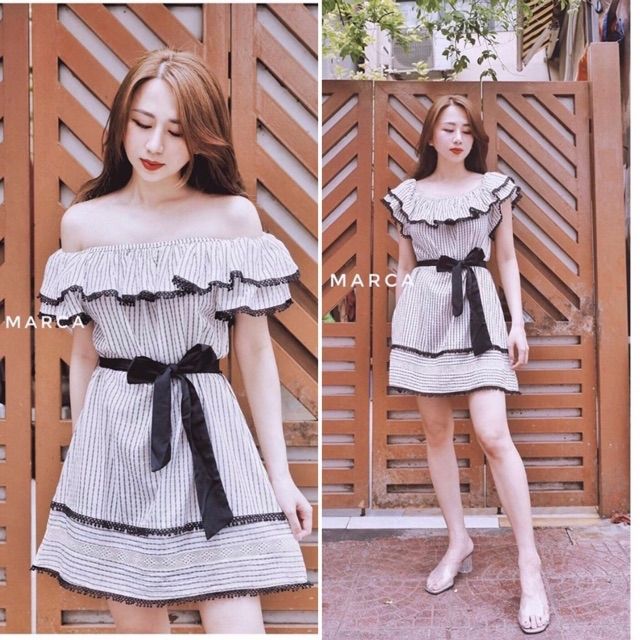 VÁY KẺ CỔ BÈO THẮT NƠ EO ZR(ẢNH THẬT)
