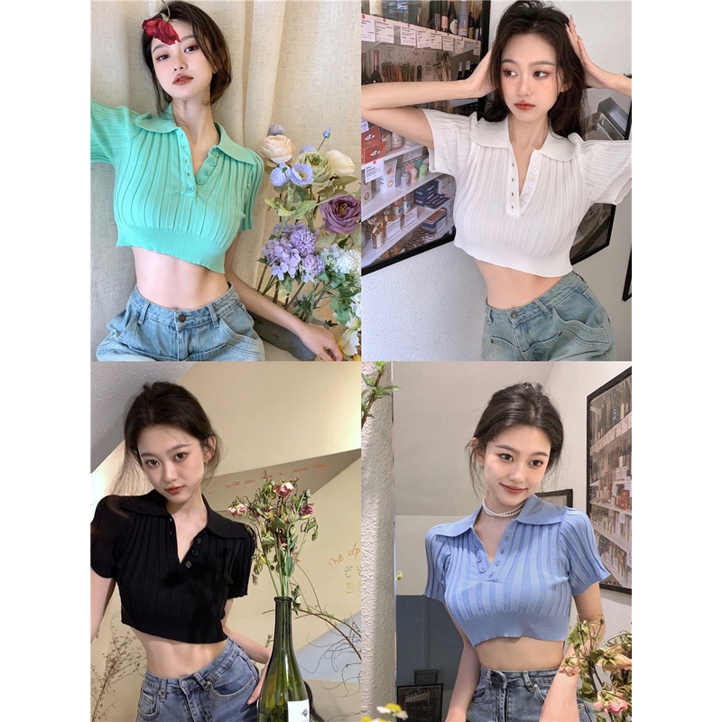 Porozi  Áo thun polo tay ngắn 4 màu tùy chọn phong cách Hàn Quốc thời trang cho nữ