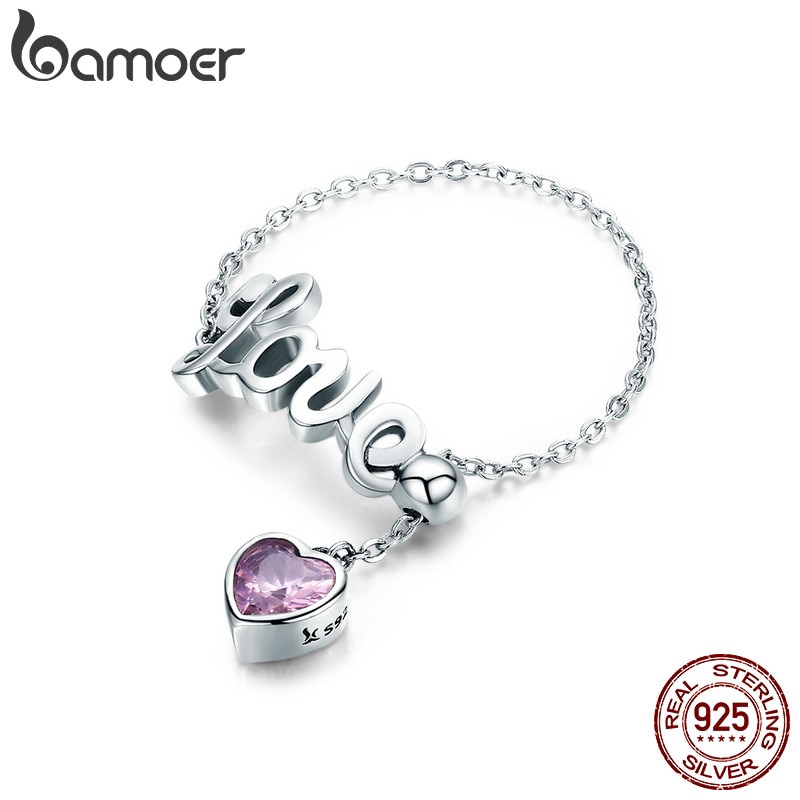 Nhẫn Thời Trang Dạng Chuỗi BAMOER SCR246 Bằng Bạc Sterling 925 Mặt Hình Trái Tim Khắc Chữ Love